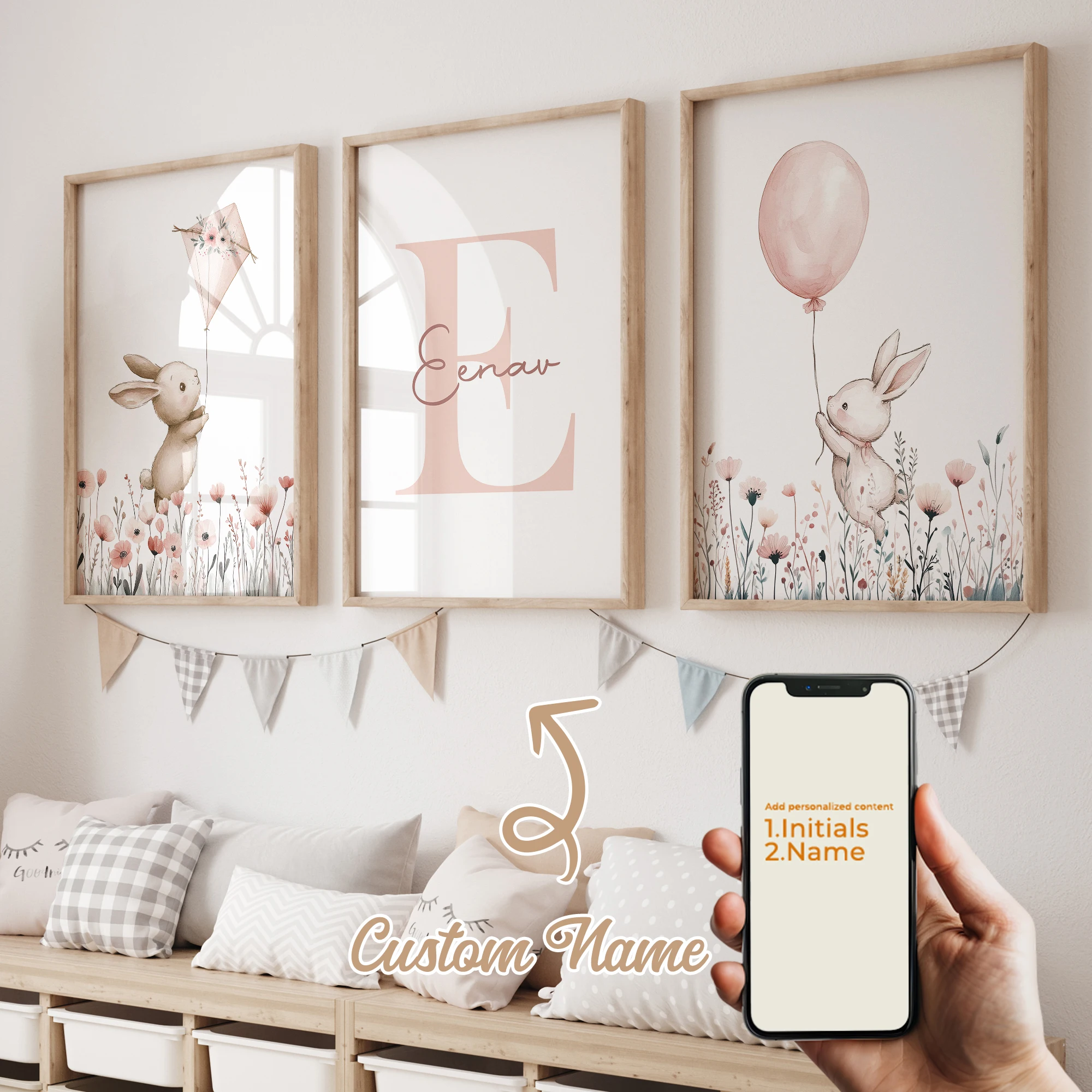 3pcs Personalized Custom Name Cartoon pink rabbit Wall Art Print Picture Canvas Poster Painting For Living Child Room Home Decor 4