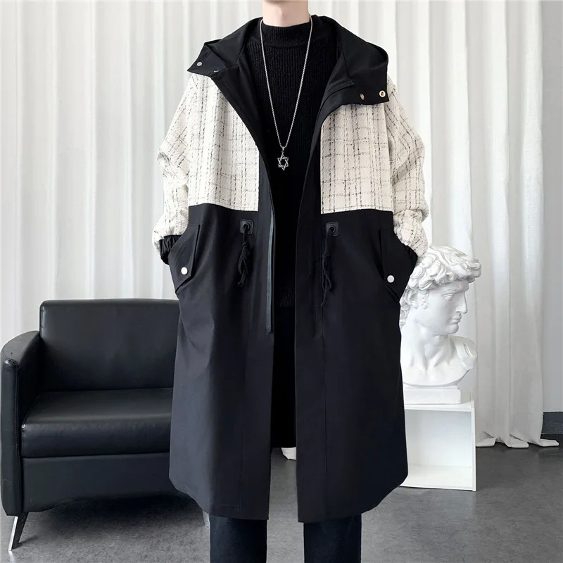 

Plaid Patchwork Rib Sleeve Loose Long Trench Coat Men Autumn New Fashion Outdoor Hooded Overcoats Plus Size Windbreakers M-3XL