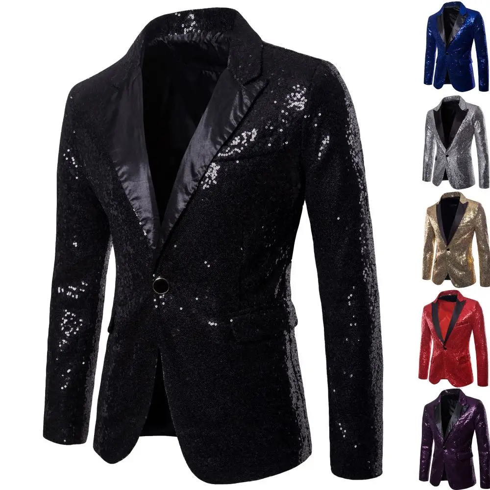 

Men's Suit Round Sequin Pocket Single Row Button Wedding Groom Stage Show Hosting Dinner Menswear Bar Dance Casual Men Blazer