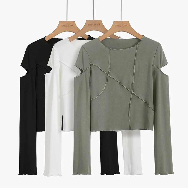 

White T-shirt women's 2021 new autumn hollow hole long sleeve bottoming shirt solid color high waist exposed navel short top