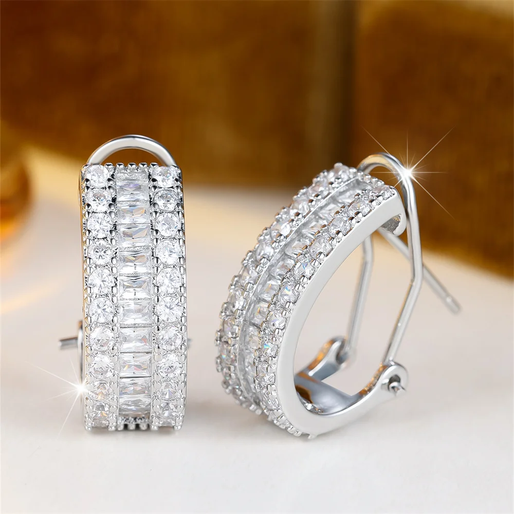 Single Row White Zircon Square Stone Hoop Earrings For Women Vintage Trendy Silver Color Ear Buckle Wedding Jewelry Bridal Gifts