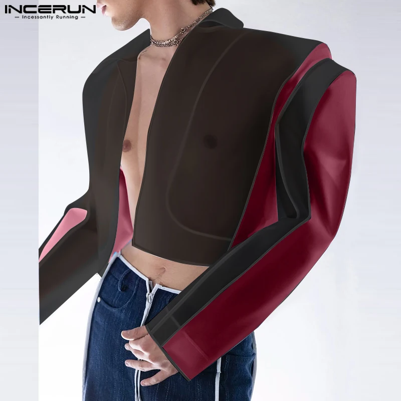 INCERUN Tops American Style Fashion Men Personality Splicing Contrast Color Suit Coat Casual Streetwear Male Long Sleeved Blazer for mens blazer