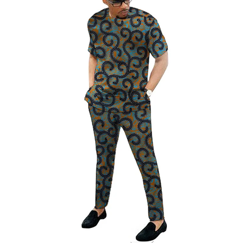 

African Fashion Men's Sets New Arrivals Print Ramadan Styles Male Short Sleeve Tops Patch Elastic Waist Trousers