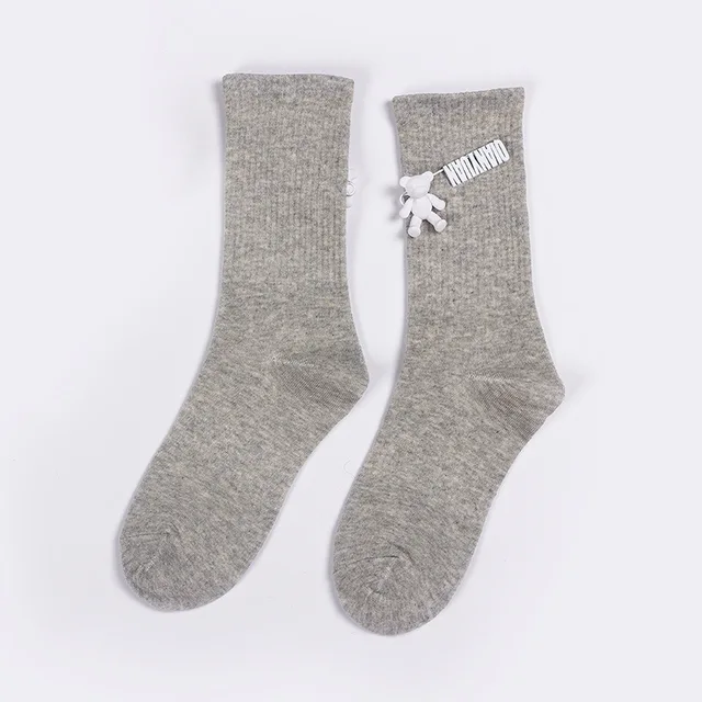 Black and White Pure Color Tube Socks Female Pin Bear Lovely Personality Tide Socks INS Korean Students Long Tube Cotton Socks 3