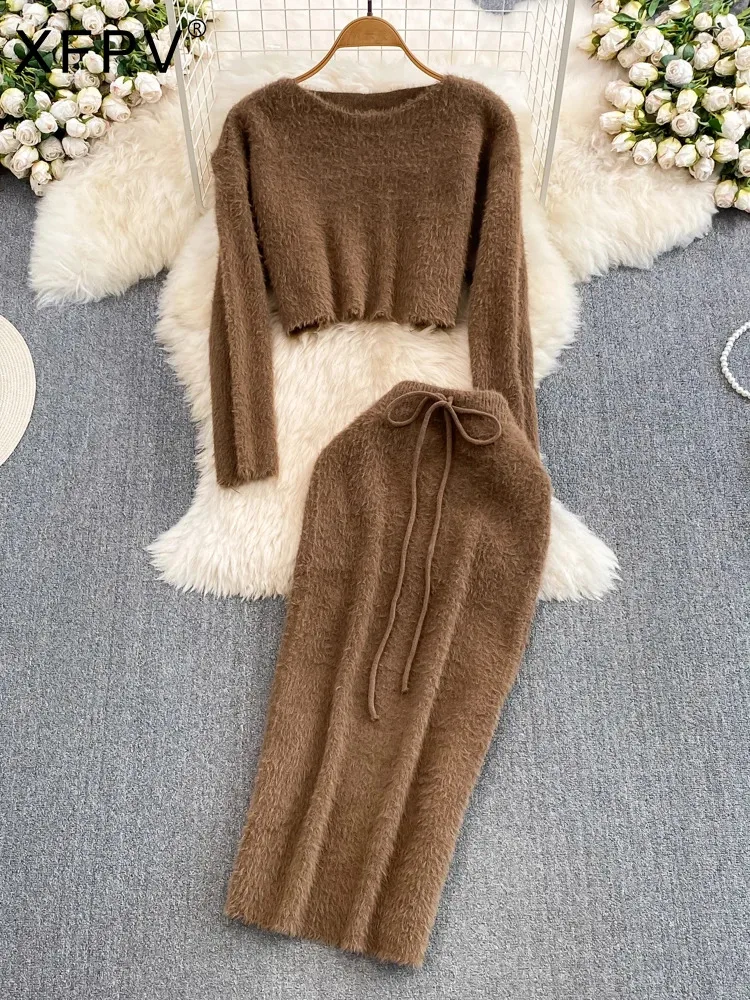 

BabYoung Women Round Neck Imitation Mink Wool Knitted Sweater High Waist Skirt Two Piece Set Korean Fashion Autumn Winter 2023