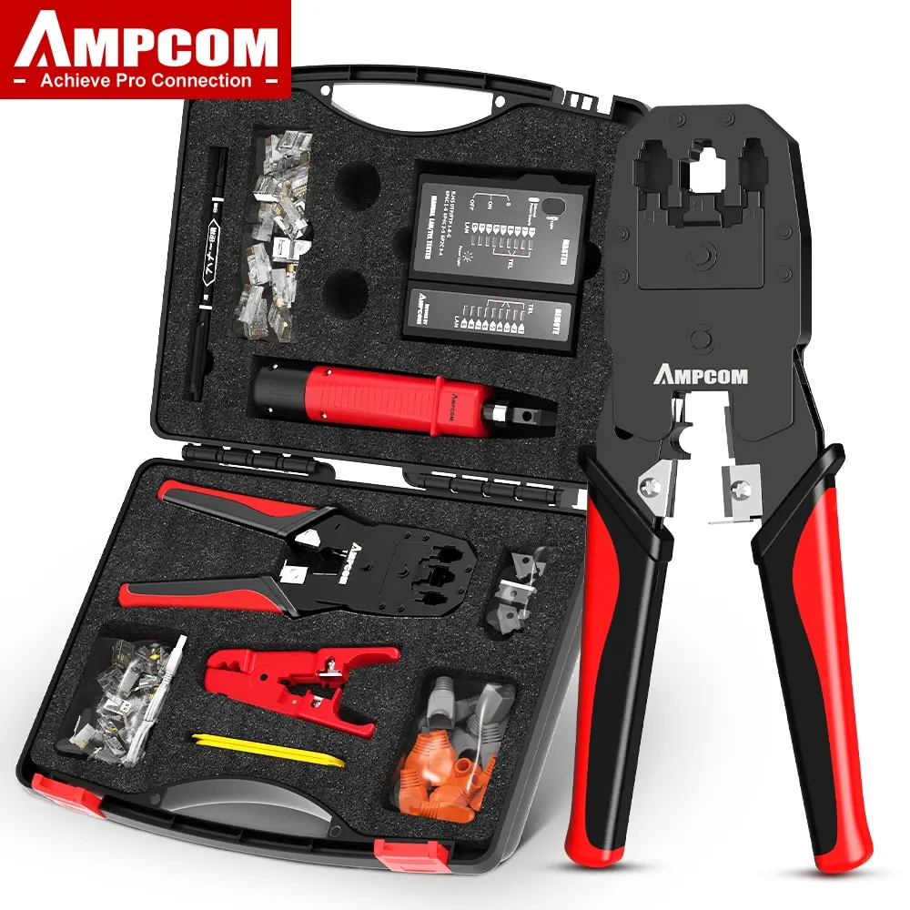 AMPCOM Lan Tester Tool Set, cabo Ethernet Stripper, Punch Down Tool, Crimper, RJ 45, RJ11 Conectores, 12 em 1, Rede Repair Set