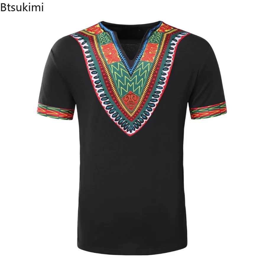 2024 Mannen Afrikaanse Traditionele Kleding Mannen Dashiki Korte Mouw T-Shirt Mode V-Hals Bedrukt Etnische Stijl Casual Tops Voor Mannen