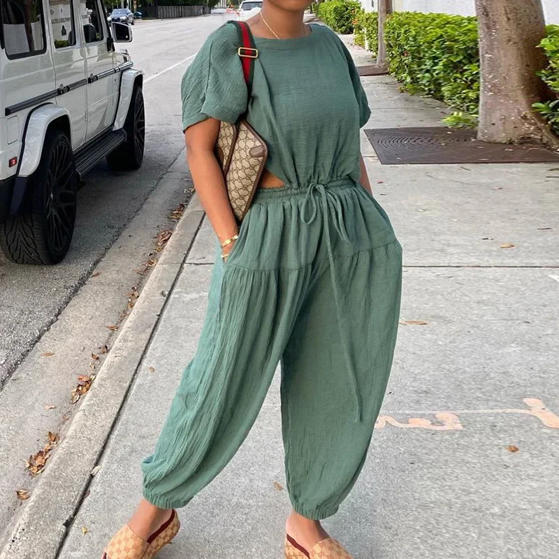 2022 Women Solid Short Sleeve O Neck Jumpsuits Chic Summer Drawstring Loose Overalls Elegant Office Ladies Workwear Jumpsuit