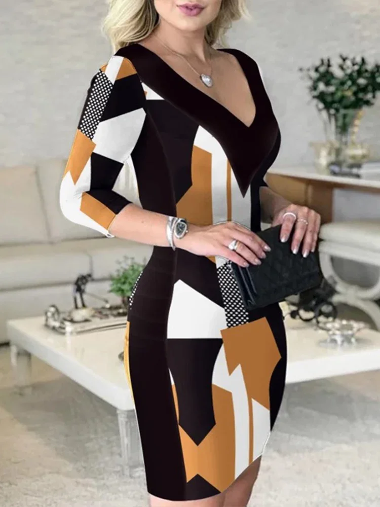 

Print Dresses for Women Long Sleeve Streetwear Fashion Dress Slim Fit Mini Casual V Neck A Llne 2023 New Spring Summer Dress