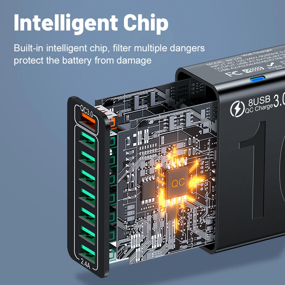 8 Ports 2.4A Fast USB Charger QC 3.0 Quick Charger Fast Charging Wall USB Charger Phone Adapter for iPhone Samsung Xiaomi Travel