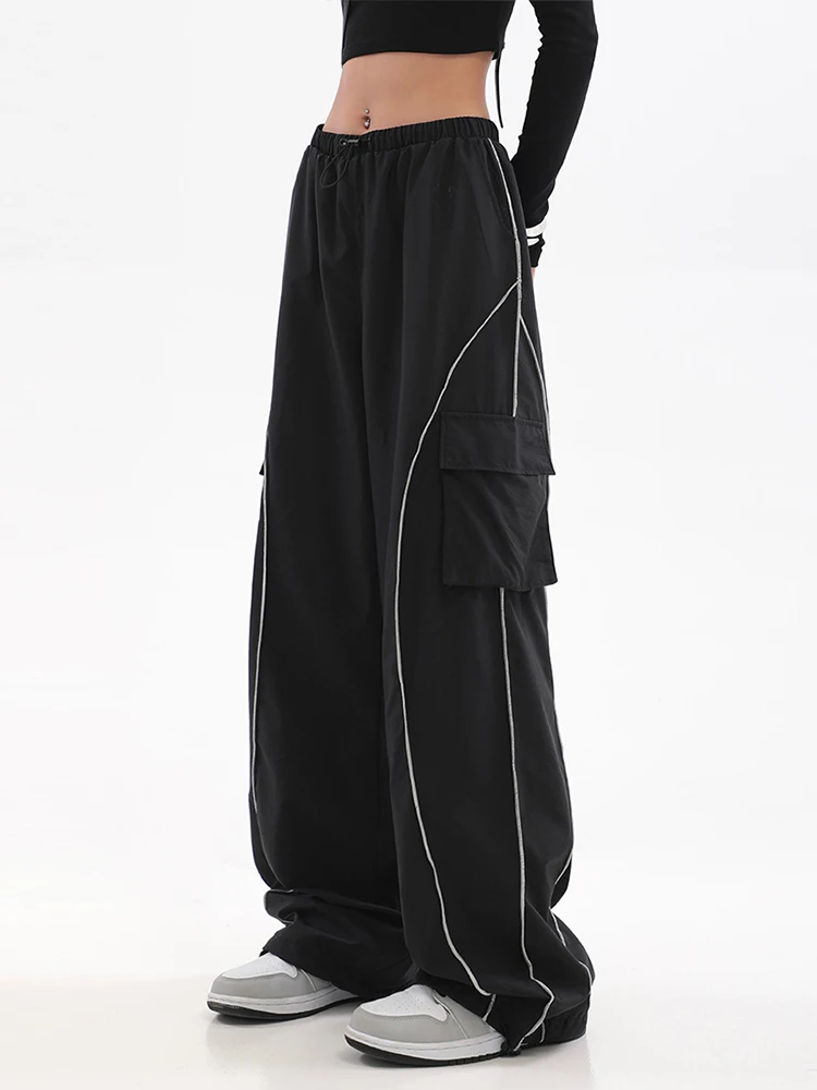 Drawstring Baggy Cargo Pants for Women, Low Waist, Mopping Trousers, Vintage Street Pockets, Wide Leg Joggers, Y2K, 2023