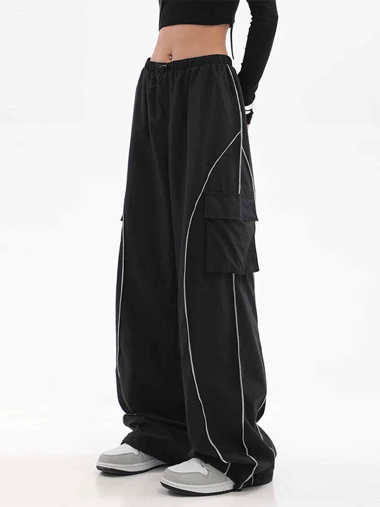 

Drawstring Baggy Cargo Pants for Women, Low Waist, Mopping Trousers, Vintage Street Pockets, Wide Leg Joggers, Y2K, 2023