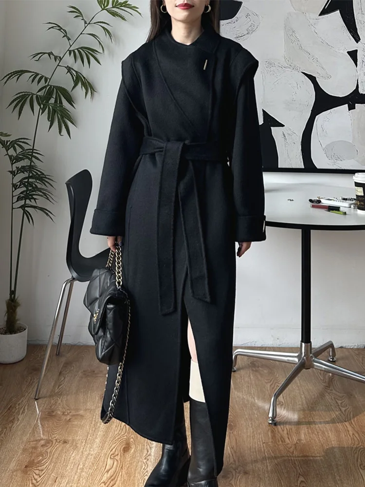 

2023 High-end Black Double-sided Wool Coat Long Women Simple Hidden Buckle Long Sleeve Belt Woolen Coat Female Fashion Autumn Wi