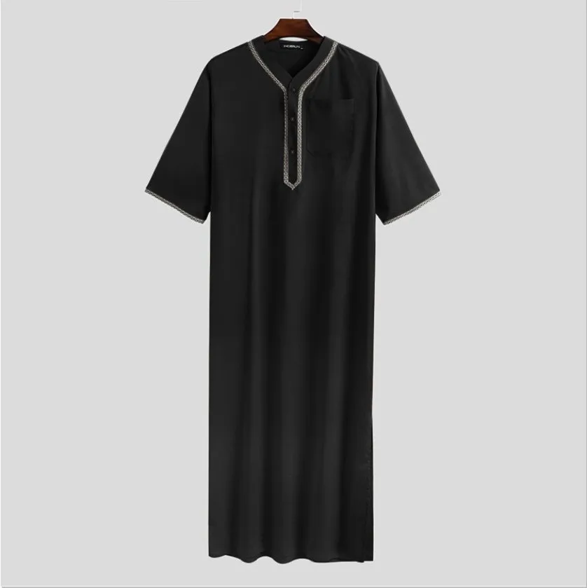 Muslim Men Jubba Thobe with Button Design Soft Muslim Clothing Eid Middle East Muslim Robe V Collar Muslim Male Shirt