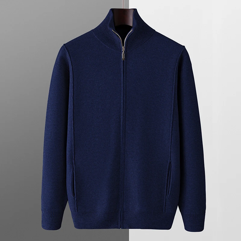Hot Sale In Autumn And Winter 100% Wool Cardigan Men's Semi-High Collar Zipper Long Sleeve Business Casual Knitted Sweater Coat. 4