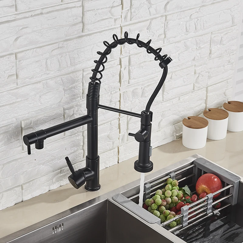 

Vidric MYQualife Matte Black Finish Dual Spout Kitchen Sink Faucet Deck Mount Spring Kitchen Mixer Tap Kitchen Hot and Cold Wate