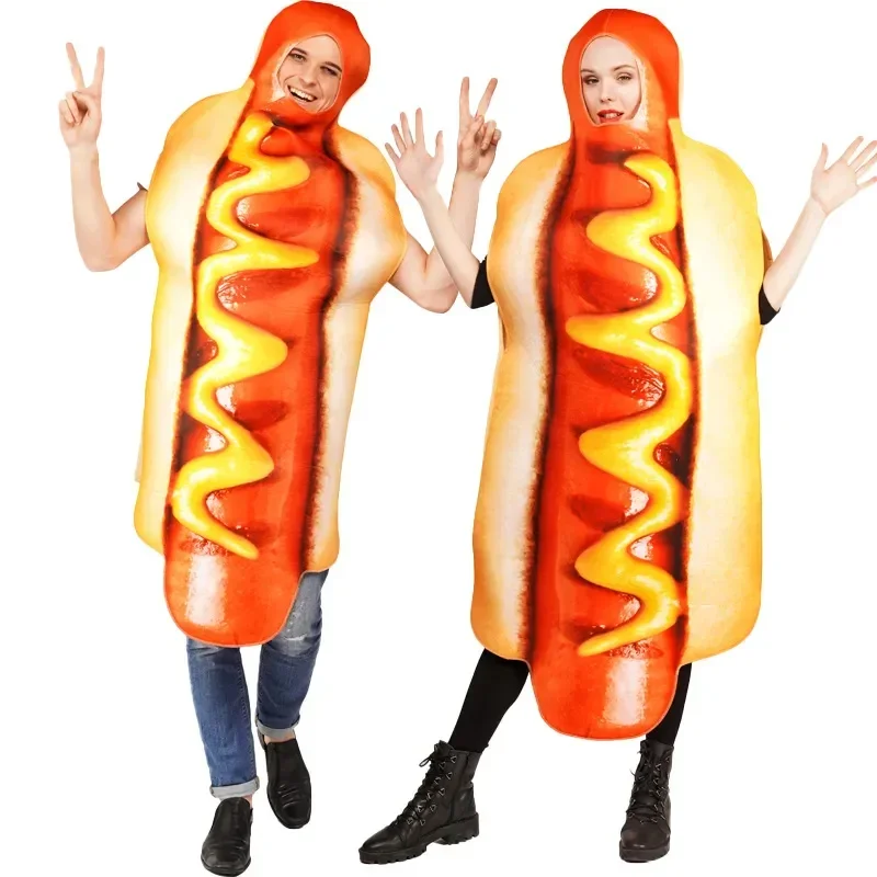 

Взрослые Забавные костюмы хот-догов с 3D принтом еды колбасы для Хэллоуина для мужчин и женщин семейный цельный костюм