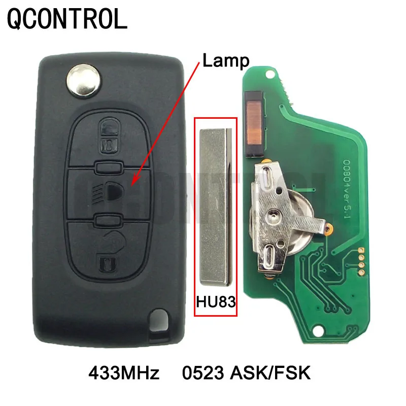 

QCONTROL Remote Key with Lamp Button for CITROEN Berlingo C5 C4 C3 C2 Picasso Auto Key Chain (CE0523 ASK/FSK, 3BT, HU83)