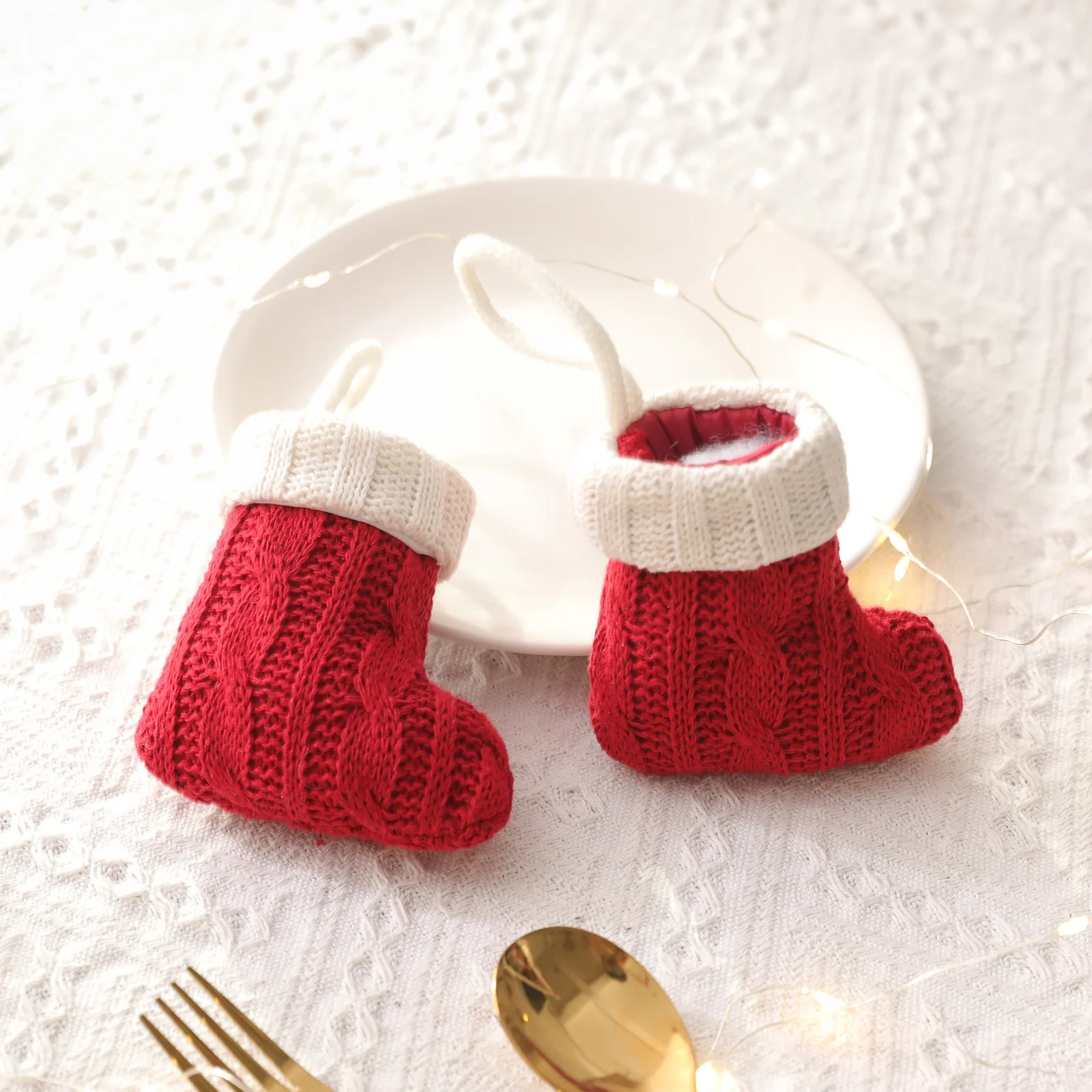 100pcs Decorative Mini Knitted Socks Christmas Tableware Set Knife and Fork Set Socks Home Decoration Supplies