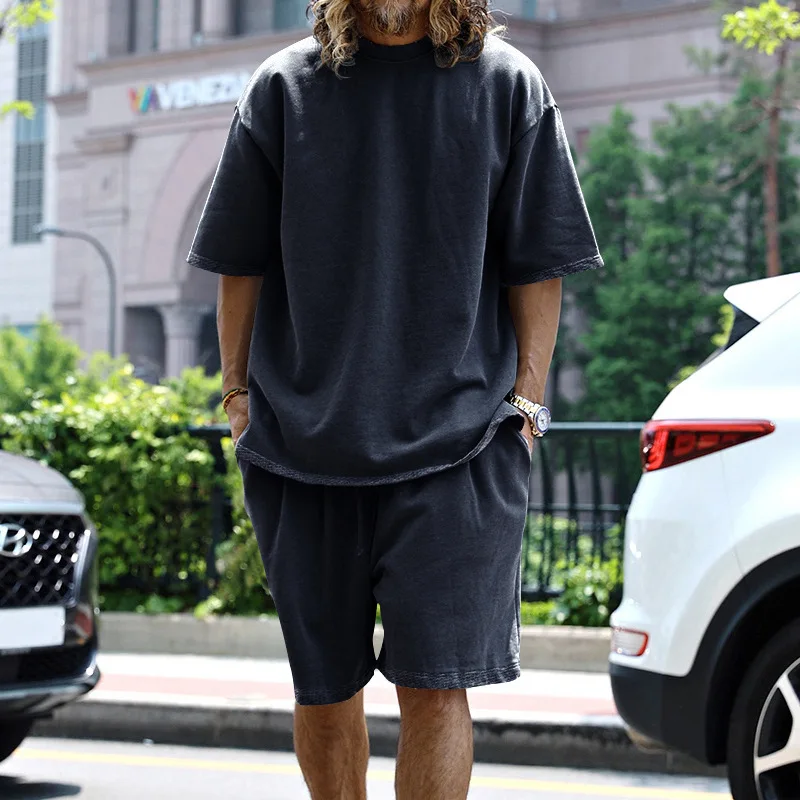 Summer Solid Color Men's Set Fashion Round Neck Short Sleeve T-shirt Casual Loose Drawstring Pockets Patchwork Straight Shorts