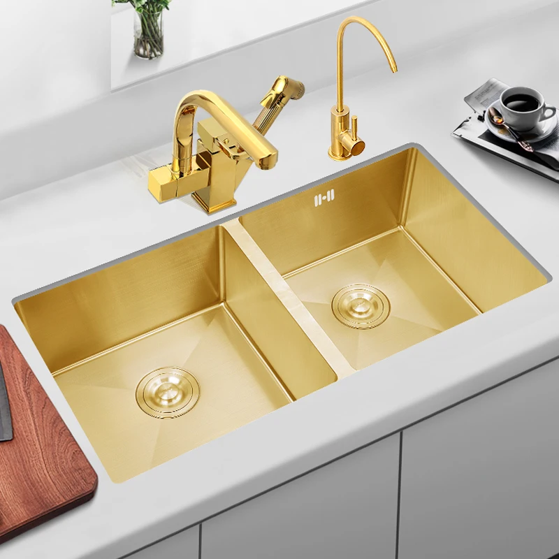 

Gold nano sink with double grooves of the same size, thickened 304 stainless steel