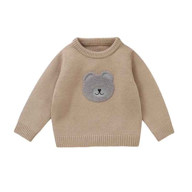 Baby Boy Girl Knit Sweater Bear Embroidery Crew Neck Long Sleeve Pullover Tops for Fall Winter