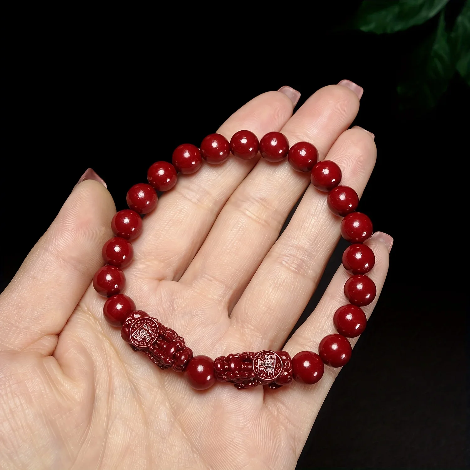Men's Women Classic Natural Cinnabar Stretch Beaded Bracelet with Lucky Beast Pixiu for Wealth and Warding Off Evil Holiday Gift