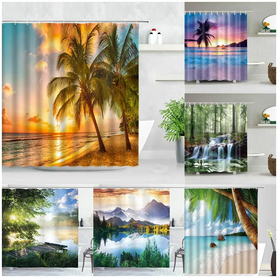 Shower Curtains Dusk Sunset Beach Tropical Ocean Palm Tree Forest Waterfall Nature Scenery Cloth Home Decor Bathroom Curtain Set