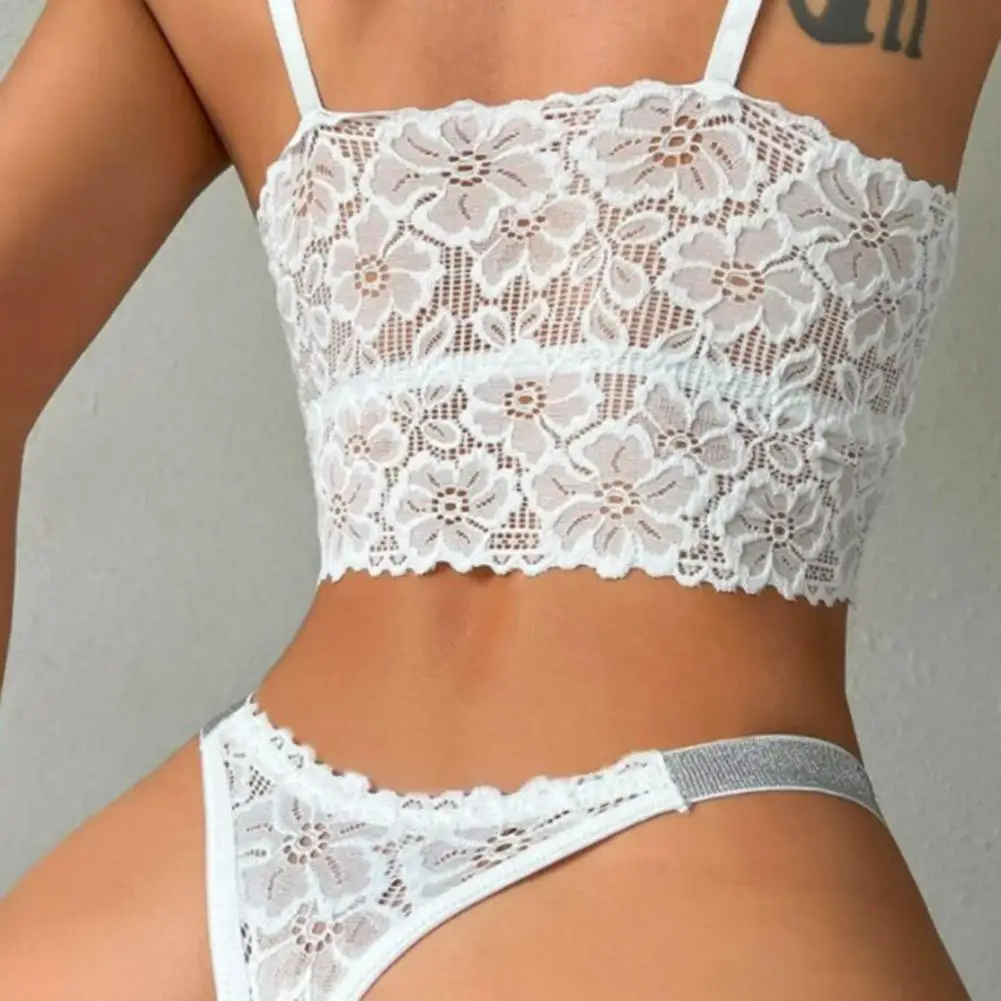 2 Pcs/Set Women Pajama Set Sexy Lace Underwear Hollow Out Adjustable Straps Solid Color Low-cut Bra Panties Pajama Set