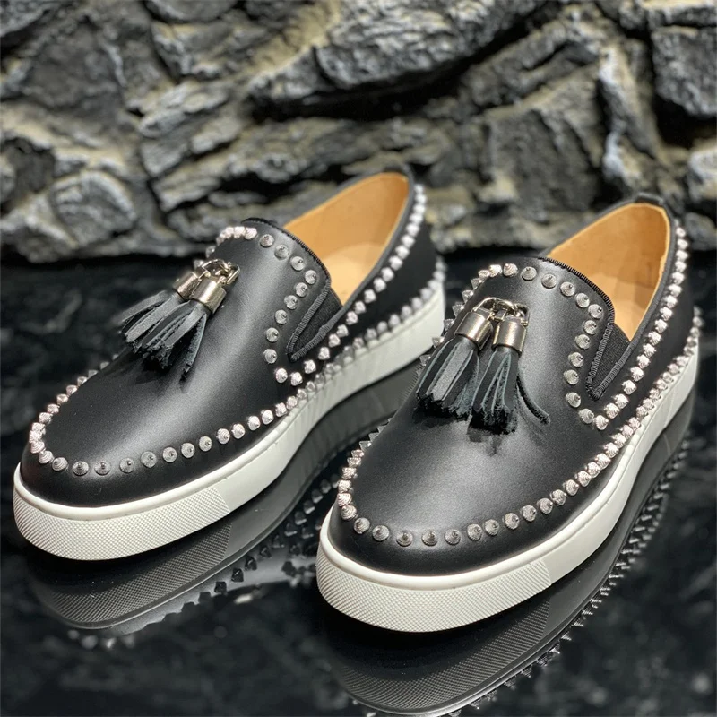 

Fashion Top Luxury Brand Men's Red Bottoms Spikes Flats Loafers Women's Casual Driving Black Leather Silver Rivets Slip On Shoes