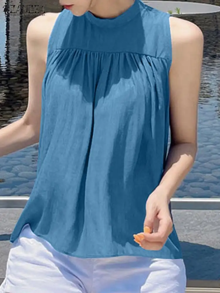

ZANZEA 2023 Summer Sexy Round Neck Shirt Women Tank Tops Casual Pleated Sleeveless Blouse Korean Fashion Solid Oversized Tunics