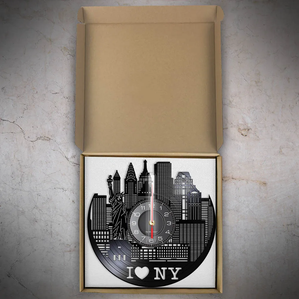 New York Skyline Landmark Statue Of Liberty Vinyl Record Wall Clock Bedroom Office Decor New York Skyscrapers Retro Wall Clock 5