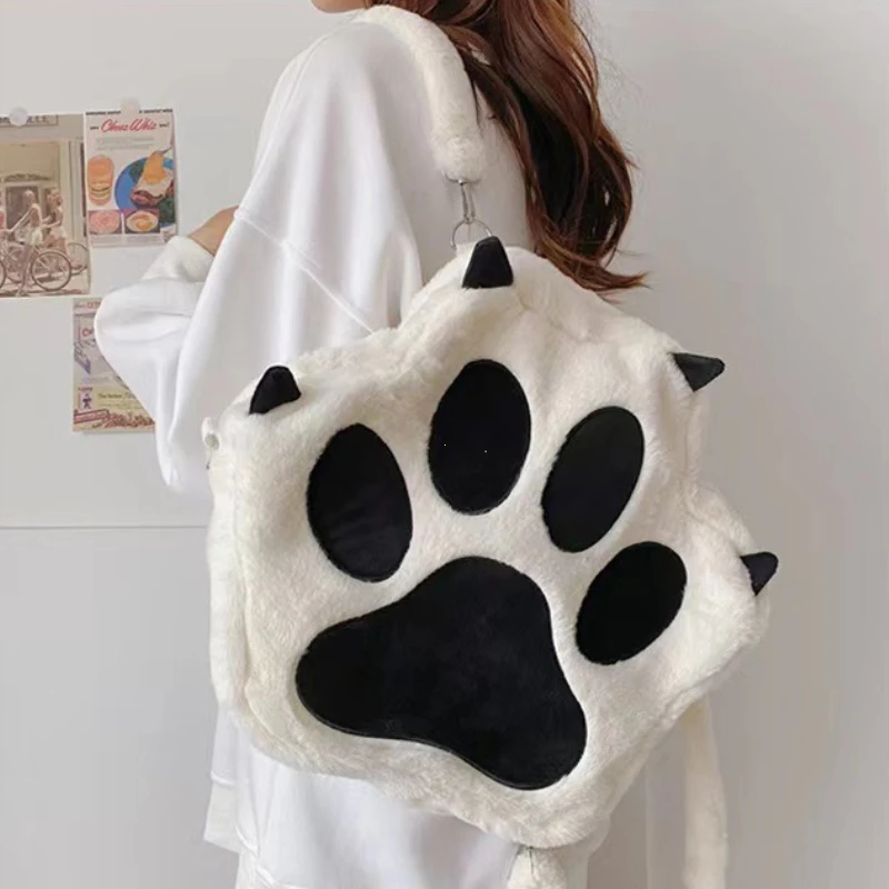 Cute Cat Paw Plush Backpack with Adjustable Straps Soft Furry Purse JK Girls Bag Cartoon Backpack for Women Girls