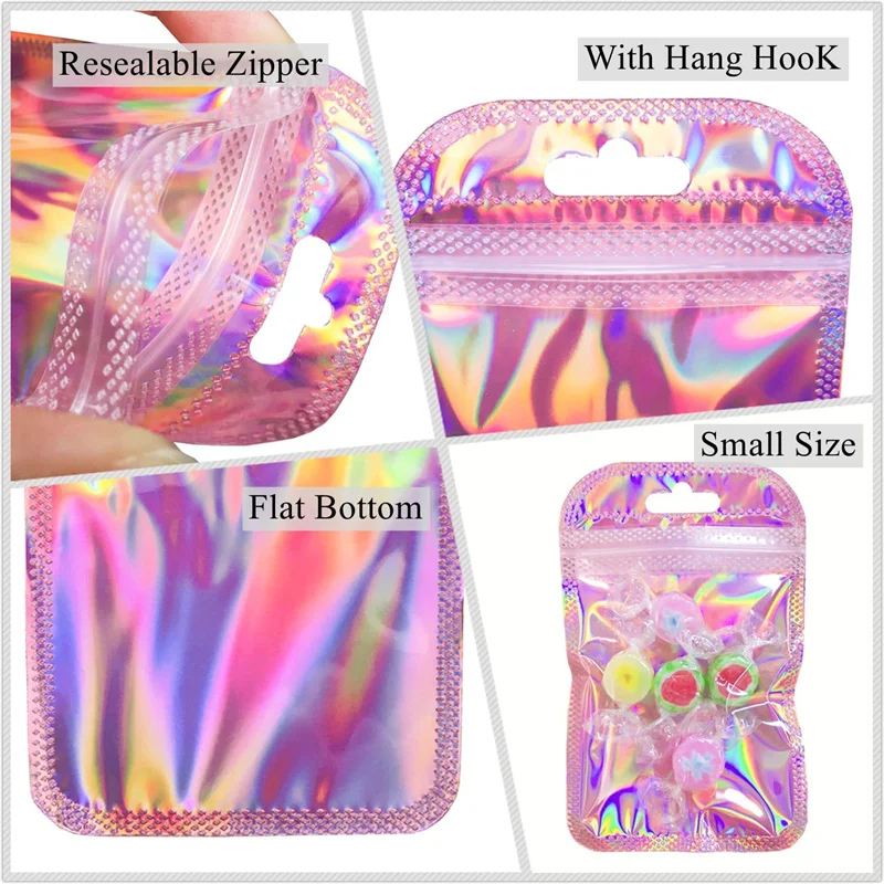 50 stücke Holographische Ziplock Perle Tasche Kleine Kunststoff Beutel Für die Lagerung Verpackung Schmuck Ohrring Display Verpackung Liefert Organizer – Detail 5