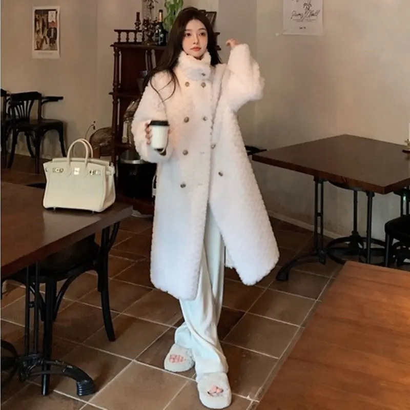 Women Fur Long Coat 2024 Winter Style Stand Collar Lamb Faux Outwear Loose Thick Luxury Design Overcoat Korean Oversized Jacket