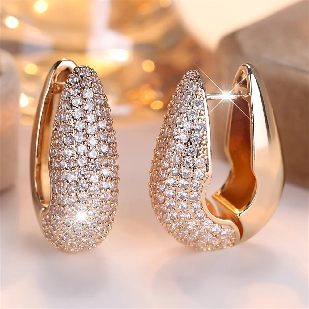 White Zircon Full Stone U Shaped Hoop Earrings For Women Vintage Gold Silver Color Ear Buckle Wedding Jewelry Versatile Gifts