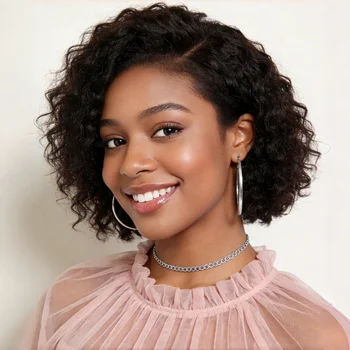 Parrucca con frontale in pizzo 13x4 da 8 pollici, taglio pixie a onde profonde, capelli umani dall'aspetto naturale, perfetta per l'uso quotidiano e per un look elegante.