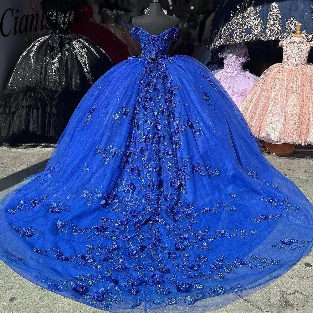 

Royal Blue Quinceanera Dresses 2024 Ball Gown Floral Applique Crystal Sweet 16 Dresses Lace-Up Birthday Party Custom