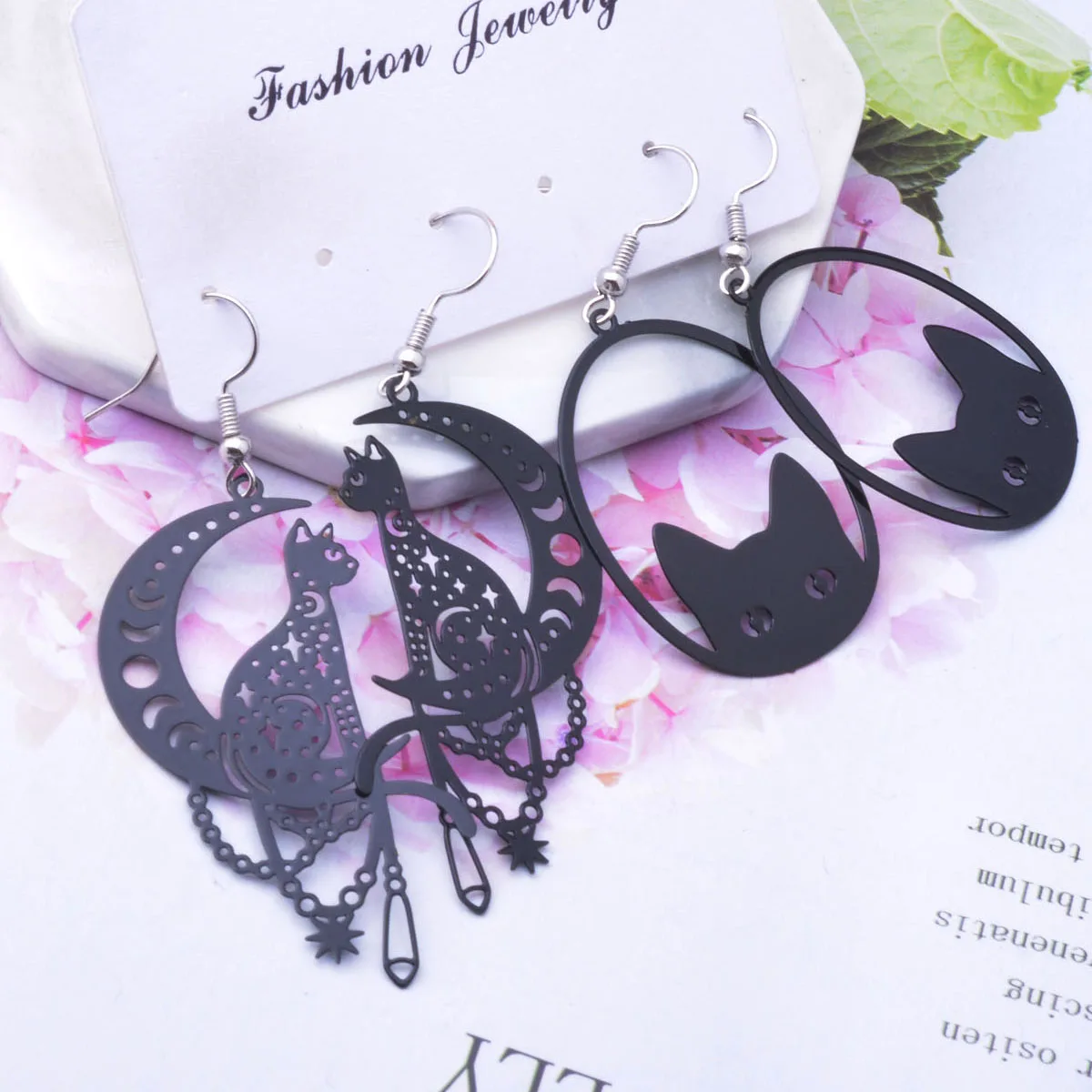 2pairs/set Brass Black Lovely Animal Moon And Cats  Earrings Set Fashion Girl's Hanging Pendant Drop Earrings Jewelry