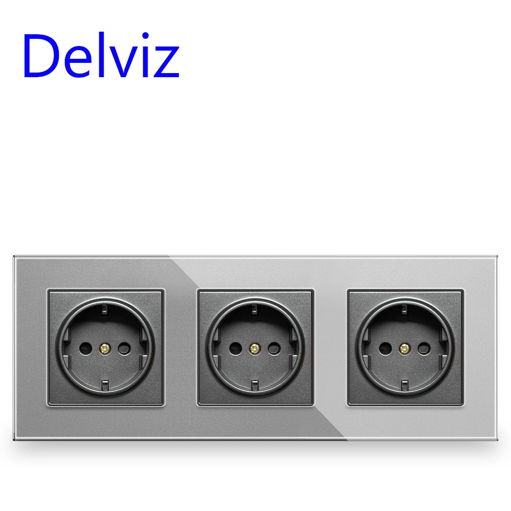 Delviz 16A Wall Power Socket, AC 110V~250V,Kitchen 3 Gang Electric plug Switch And Socket,Glass Panel, EU standard Schuko Outlet