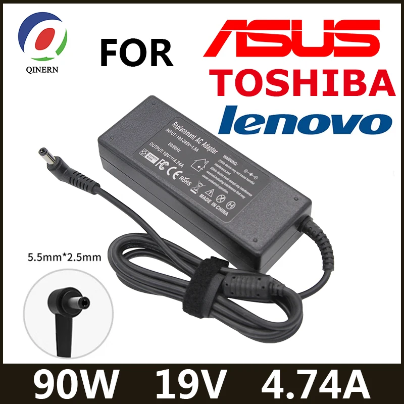 Adaptador do Poder do Carregador do Portátil Asus Toshiba Lenovo A46c X43b A8j K52 u1 u3 s5 w3 w7 z3 19v 4.74a 90w 5.5×2.5 mm