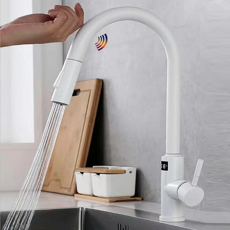 Smart Touch Digital Display Kitchen Faucet SUS304 Stainless Steel Pull-out White Hot And Cold  Sink Wash Basin