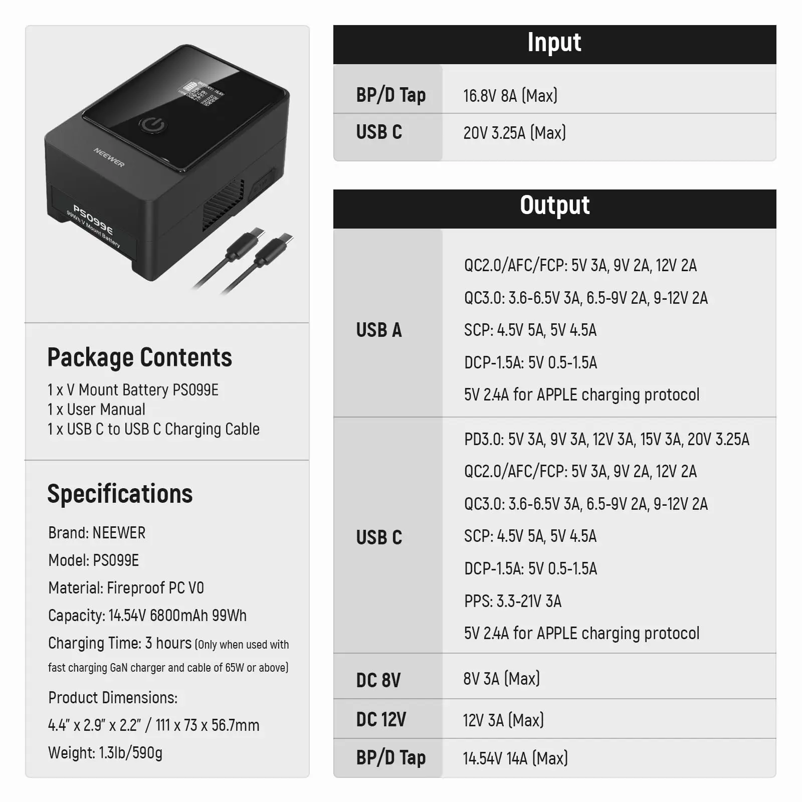 バッテリーNEEWER-PS099Eミニvマウント,6800mah,99wh,65w pd