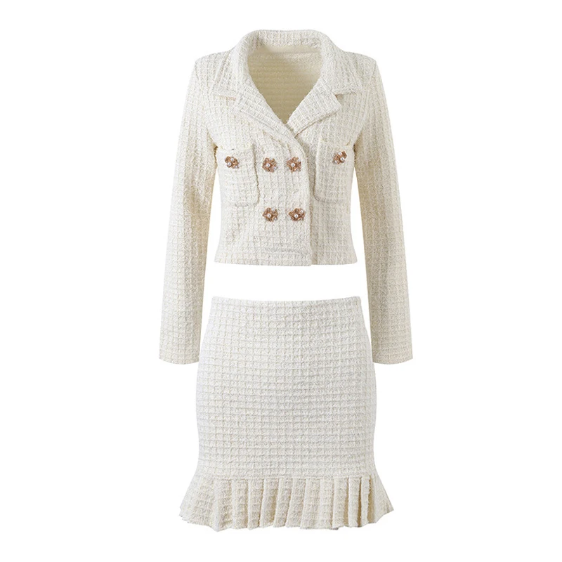 

Женский вязаный пиджак и юбка-годе на осень/зиму, двубортный трикотажный комплект из двух предметов с блестками