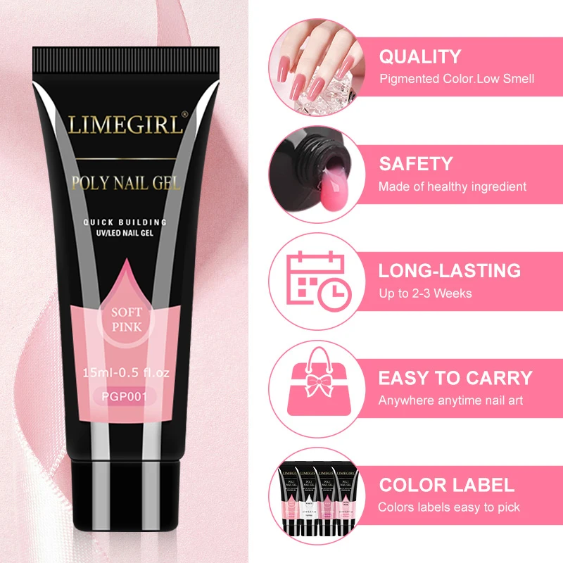 LIMEGIRL 15ml Nail Art Gel Kit UV Soak Primer Acrylic Solution Gel Manicure Kit with Mini LED Light Nail Quick Extension Tool 3