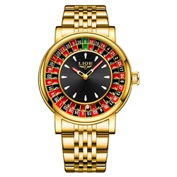 LIGE Men's Fashion Watch with Rotating Dial and Las Vegas Roulette Theme, Waterproof and Luminous (Gold steel)