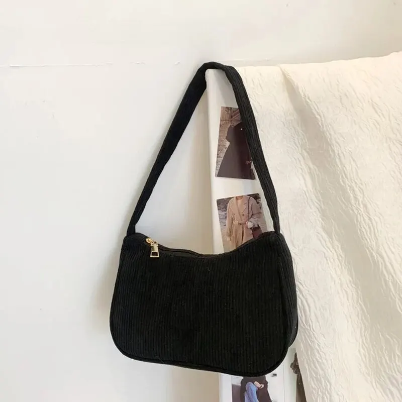 Fashionable Retro Half Moon Corduroy Underarm Bag - Women's Solid Color Shoulder Clutch