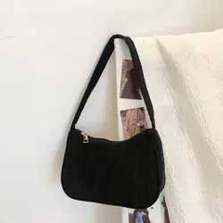 Fashionable Retro Half Moon Corduroy Underarm Bag - Women's Solid Color Shoulder Clutch (Black)