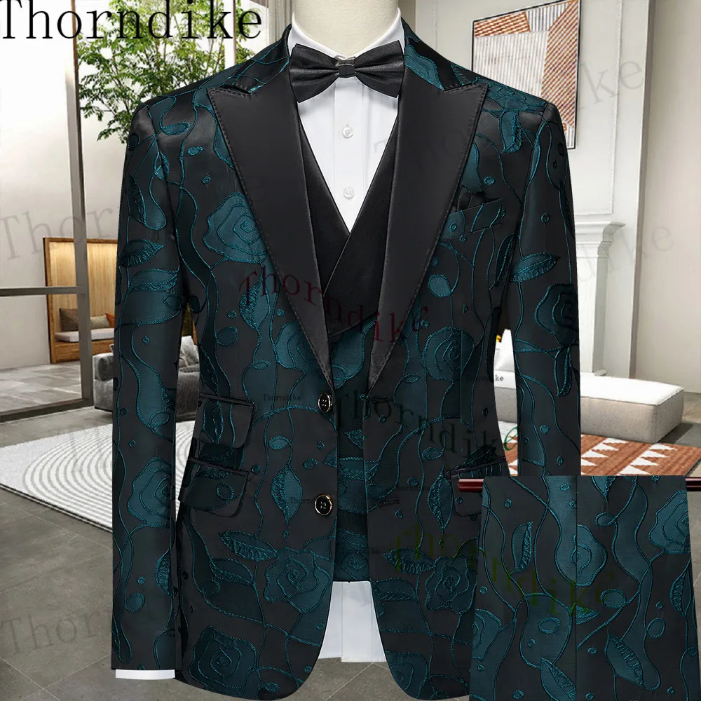 Thorndike Men's Wedding Suits Luxury Pattern Gentlemen Tuxedo Peaked Lapel Jacket One Button Vest Slim Pant