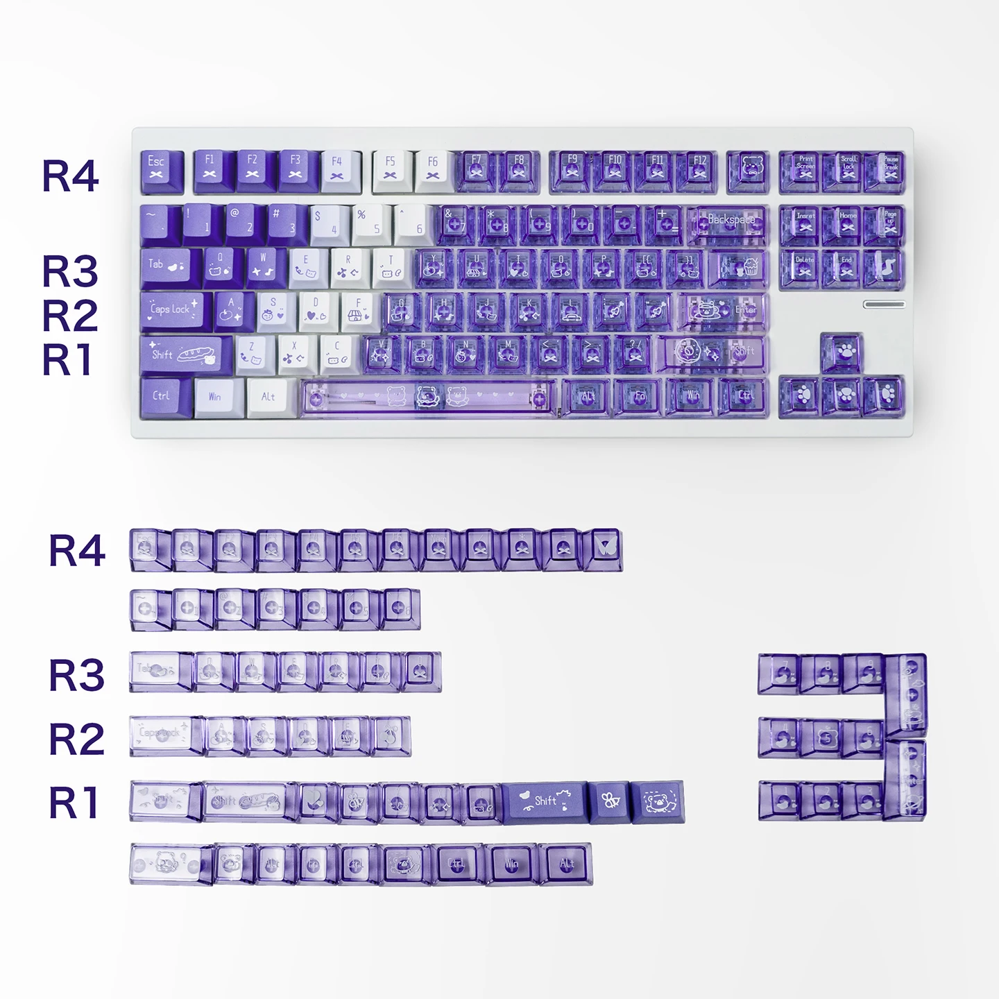 Gradient Purple Keycaps - Transparent Cute Style PC+PBT Cherry Profile Dye-Sub Keycaps